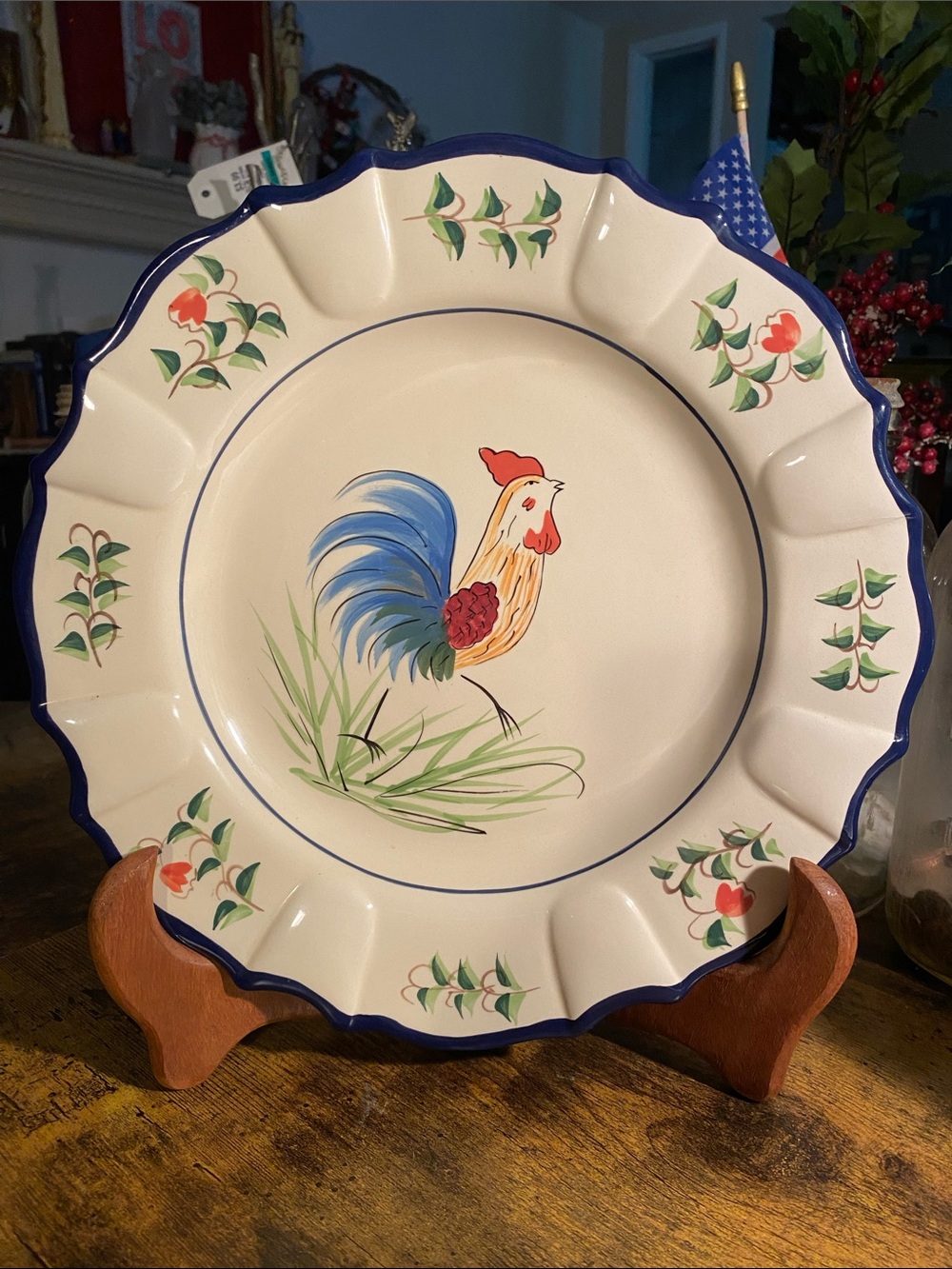 Mason Hand-Painted Rooster Dinner Plate in Cream and Blue